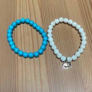 Turquoise and Cream Beaded Bracelets with Elephant Charm